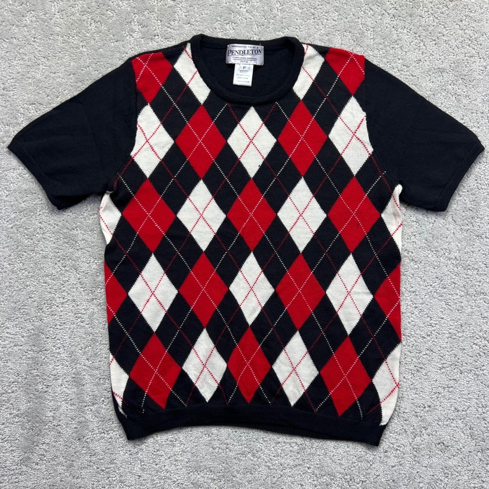 VINTAGE Pendleton Sweater Womens S/P Merino Wool Argyle Short Sleeve Black Red